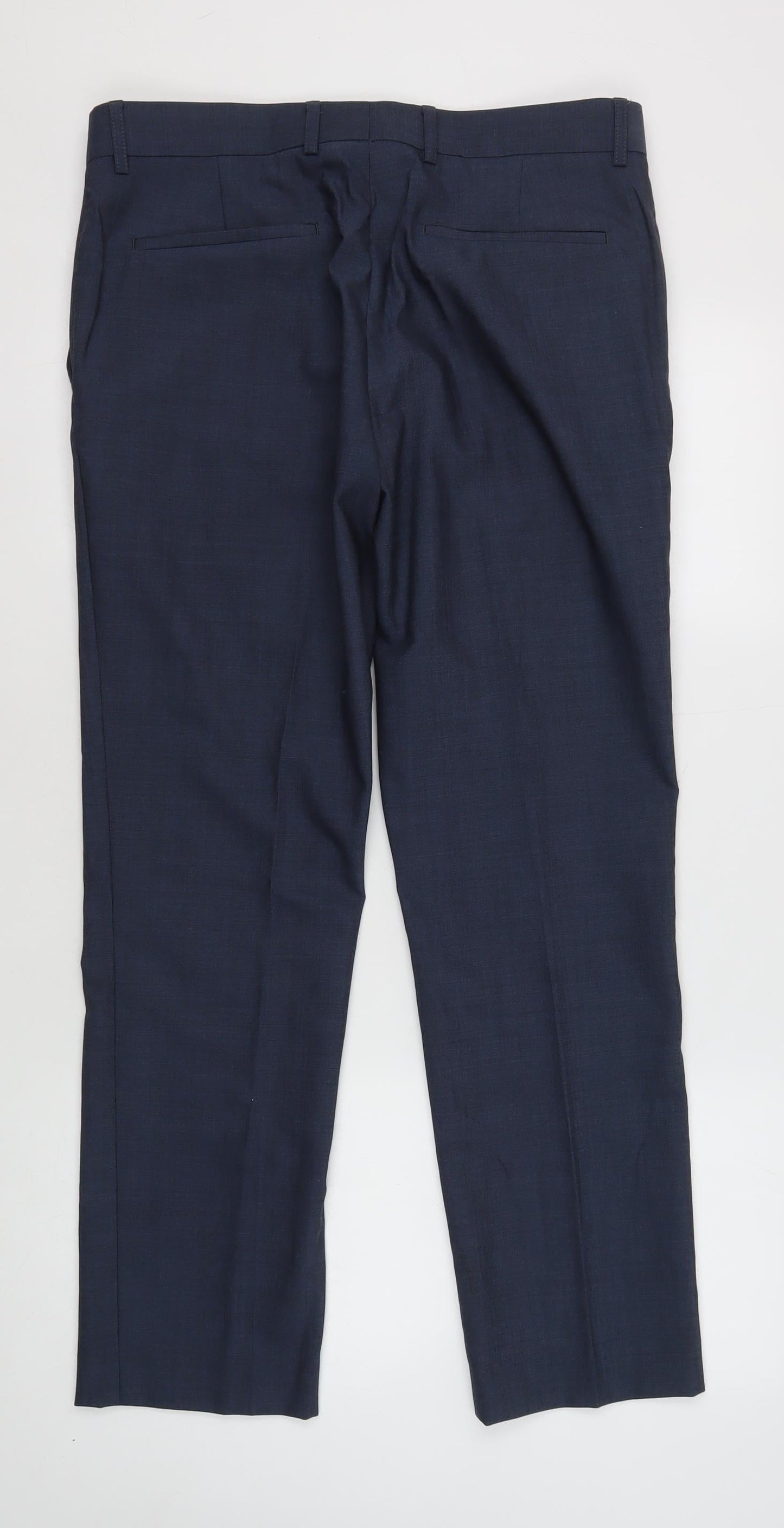 Topman Men's Blue Wool Trousers, Size 34S, Flat Front