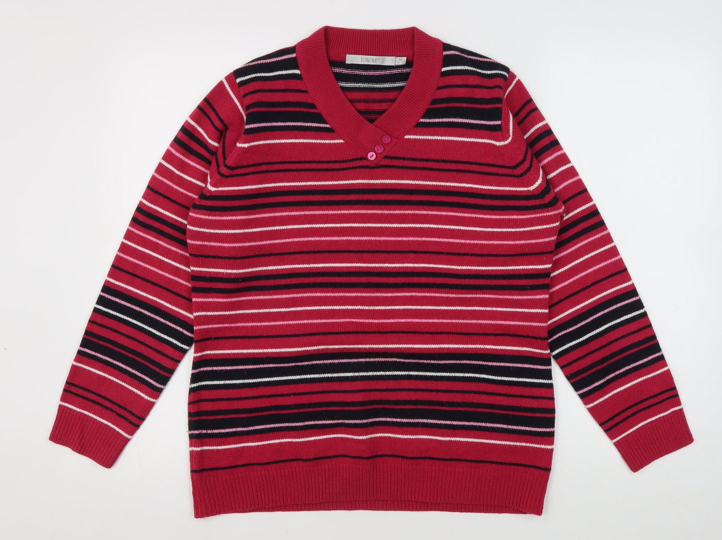 EWM Women's Red Striped V-Neck Jumper - Medium