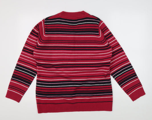 EWM Women's Red Striped V-Neck Jumper - Medium
