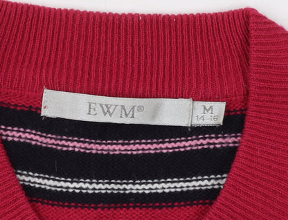 EWM Women's Red Striped V-Neck Jumper - Medium
