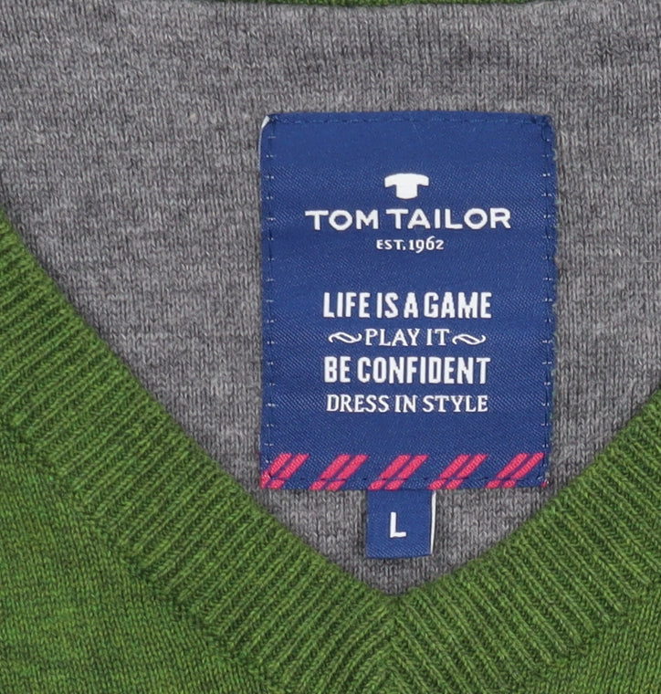 Tom Tailor Men's Green V-Neck Pullover Jumper L