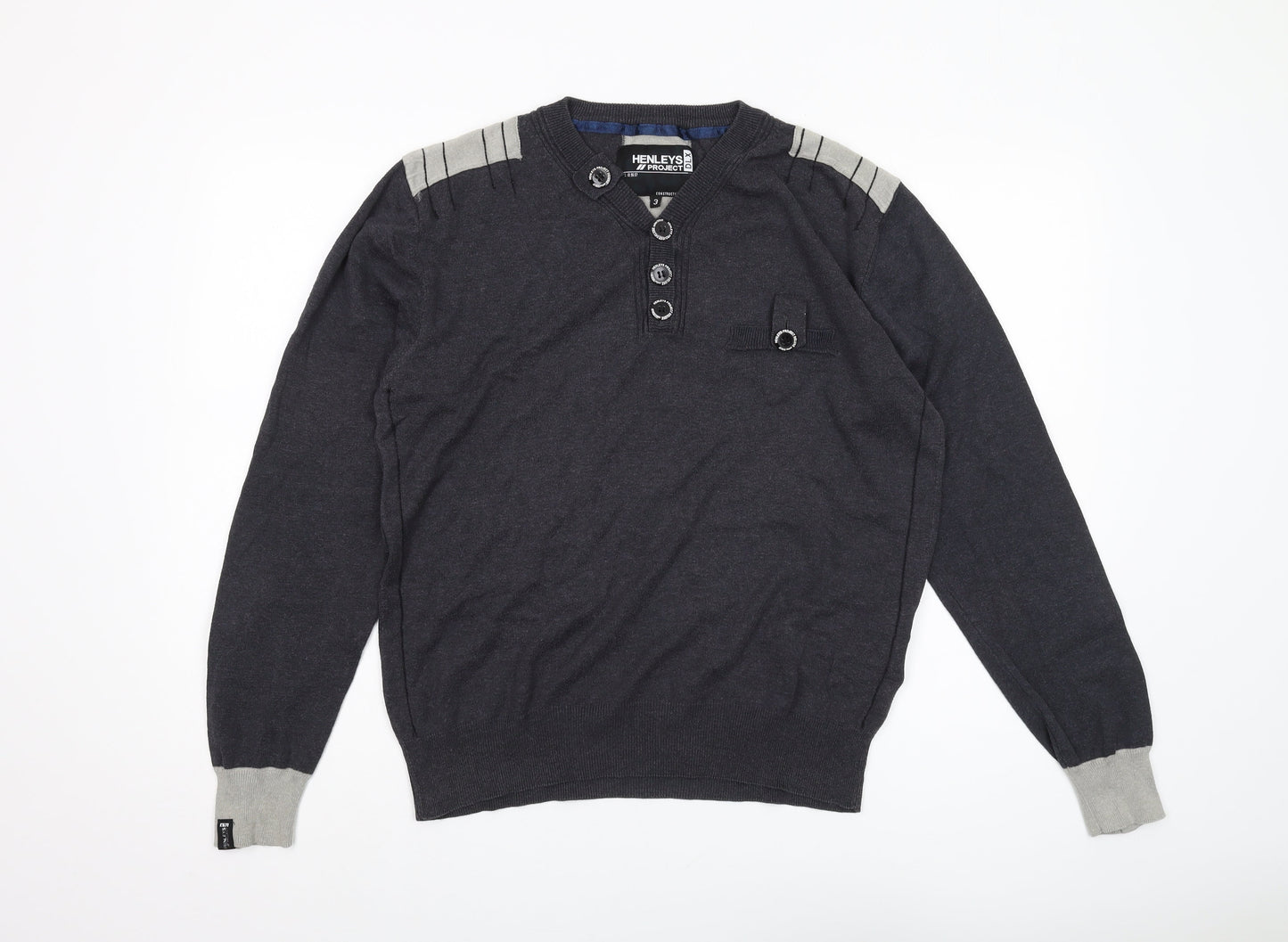 Henleys Men's Grey Henley Jumper, M, Long Sleeve, Button Accent