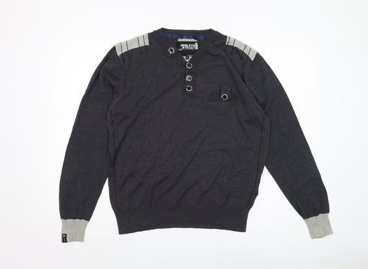 Henleys Men's Grey Henley Jumper, M, Long Sleeve, Button Accent