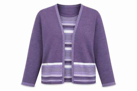 Front view of Honor Millburn Women's Purple Striped Cardigan, size L