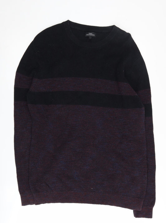 Next Men's Black Striped Cotton Pullover Jumper L