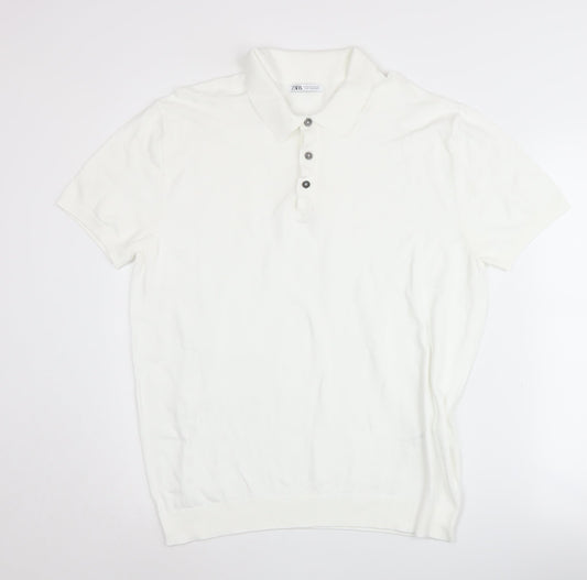 Zara Men's XL Ivory Knit Polo Jumper, Button, Collared
