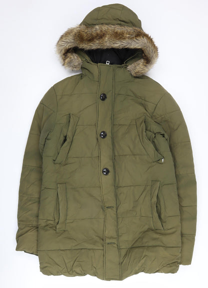 skøvde Women's Green Parka Coat, Size S, Hooded, Fur Trim