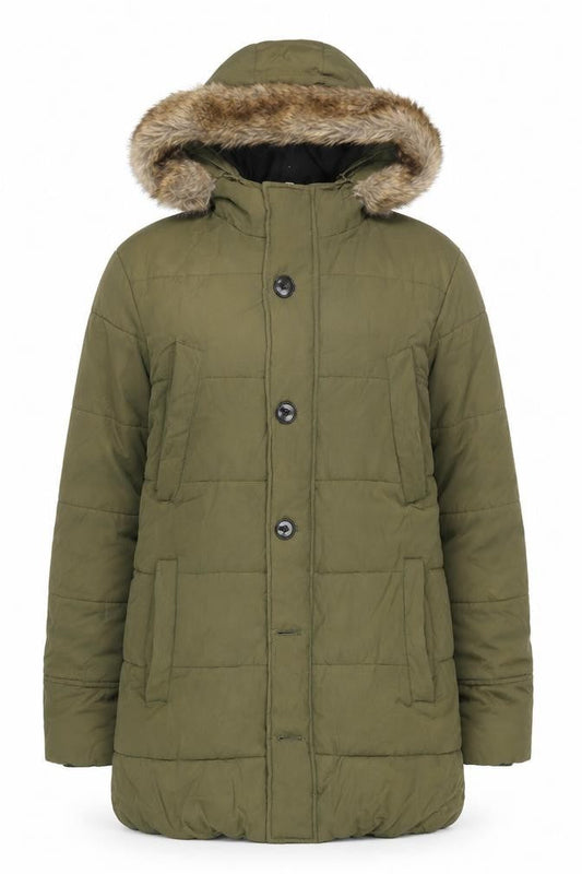 skøvde Women's Green Parka Coat, Size S, Hooded, Fur Trim