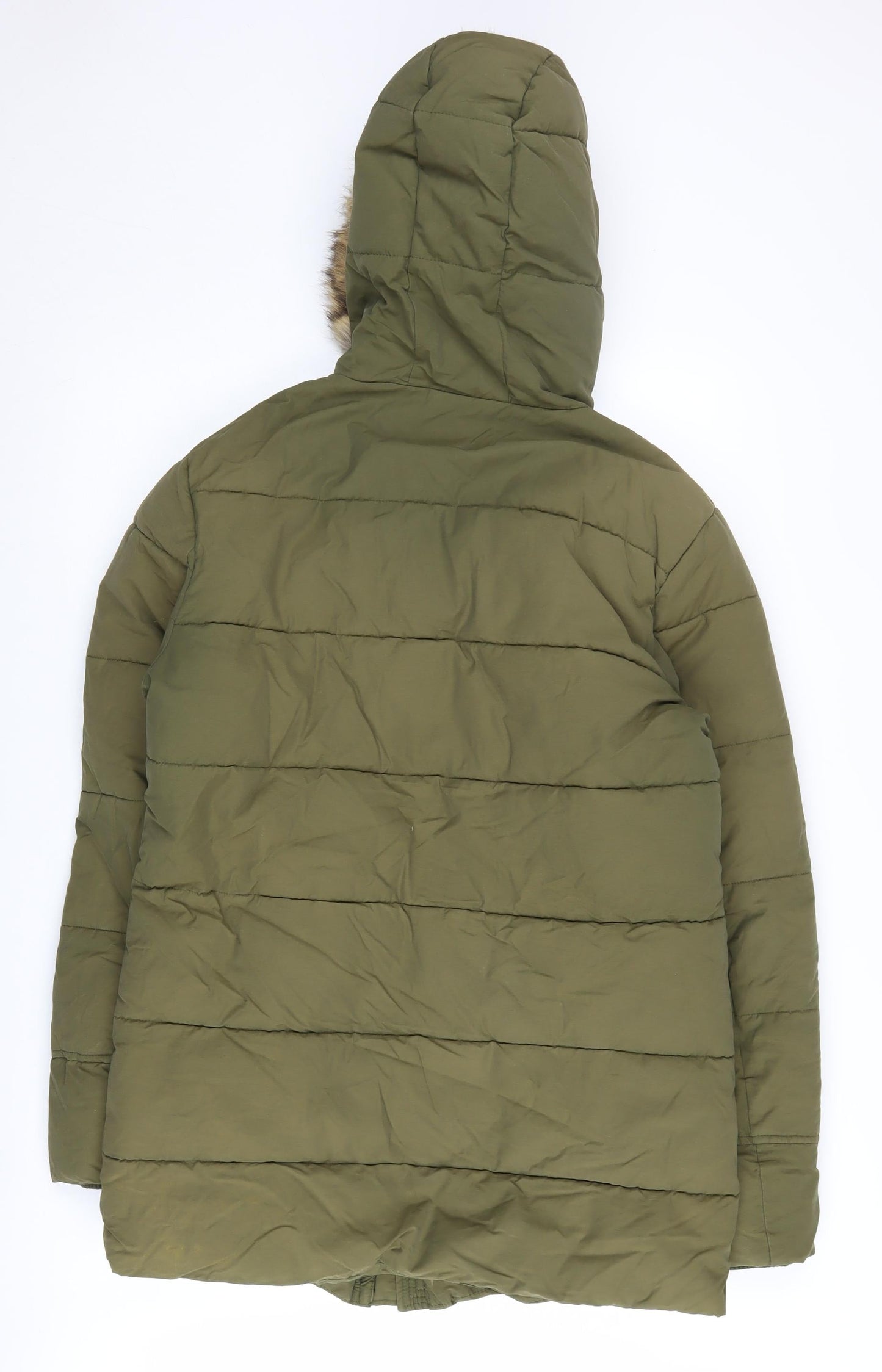 skøvde Women's Green Parka Coat, Size S, Hooded, Fur Trim