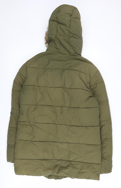 skøvde Women's Green Parka Coat, Size S, Hooded, Fur Trim
