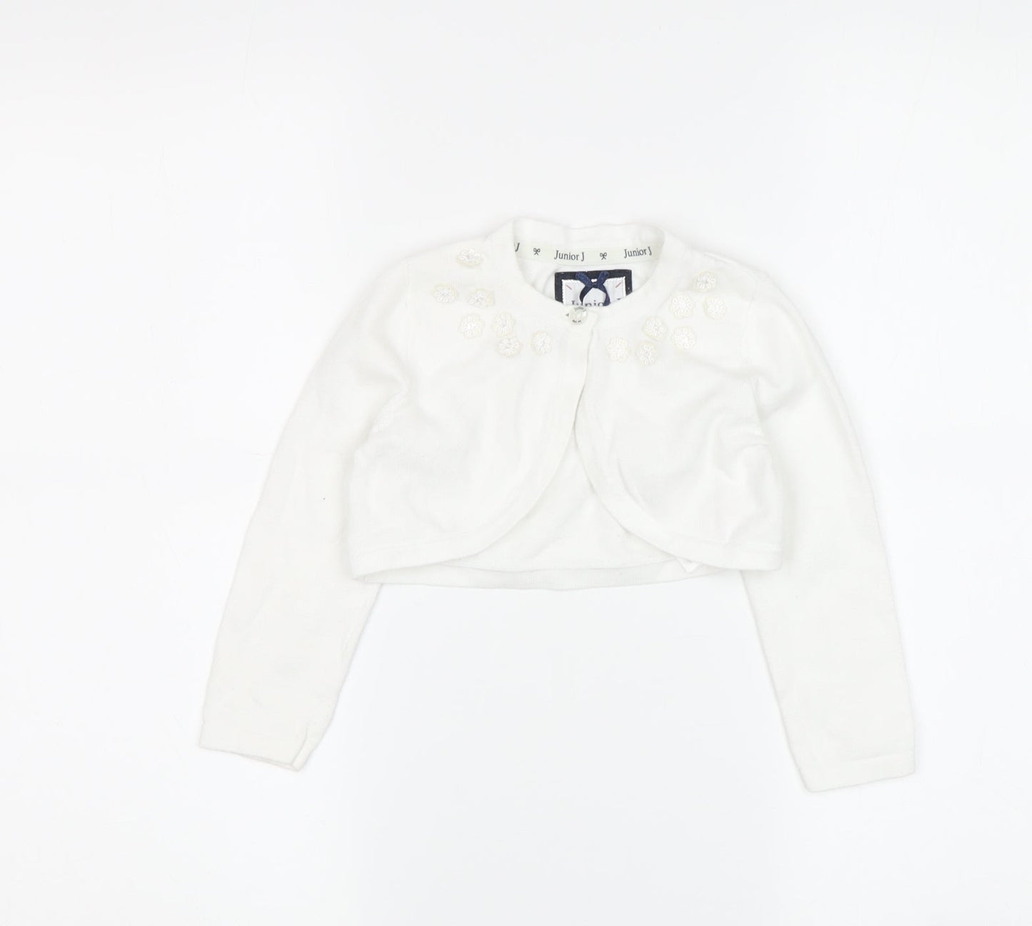 Junior J Girls White Shrug 2-3 Years, Cotton Blend with Bow Accents