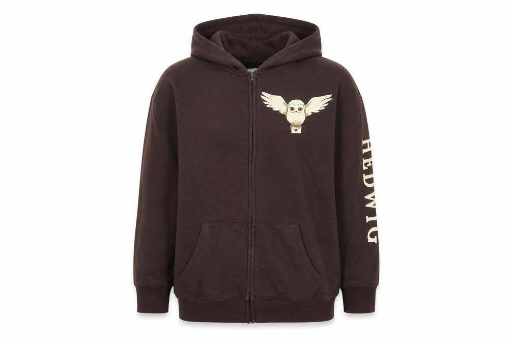 Front view of H&M Teens Brown Owl Hoodie, size 146, Full Zip