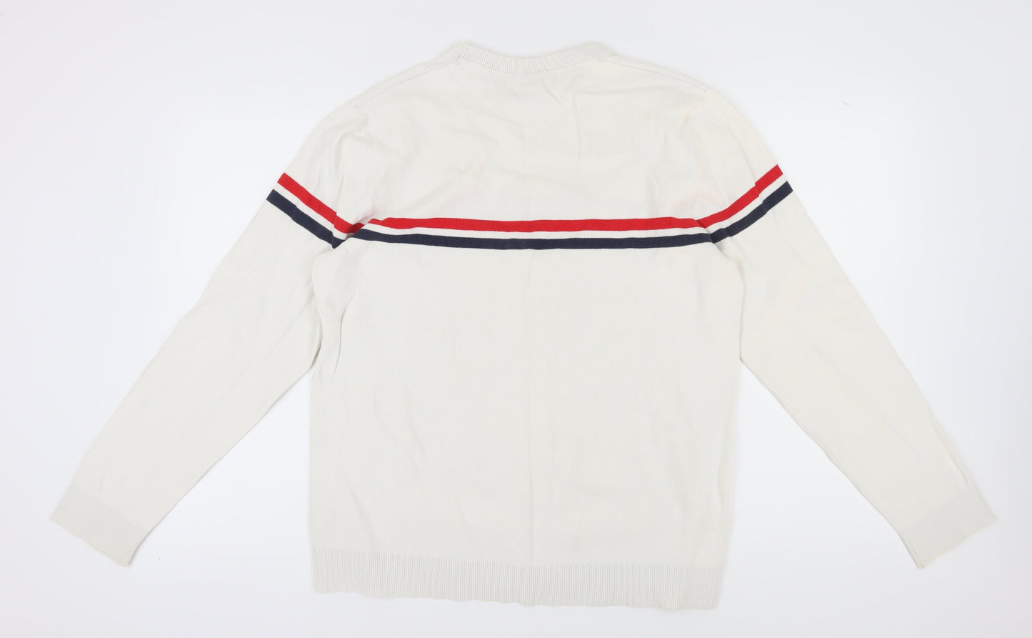 H&M Men's White Pullover Jumper, Size L, Cotton Crew Neck