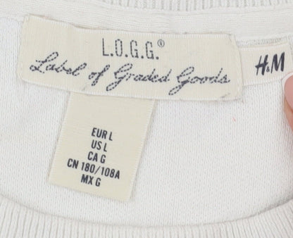 H&M Men's White Pullover Jumper, Size L, Cotton Crew Neck