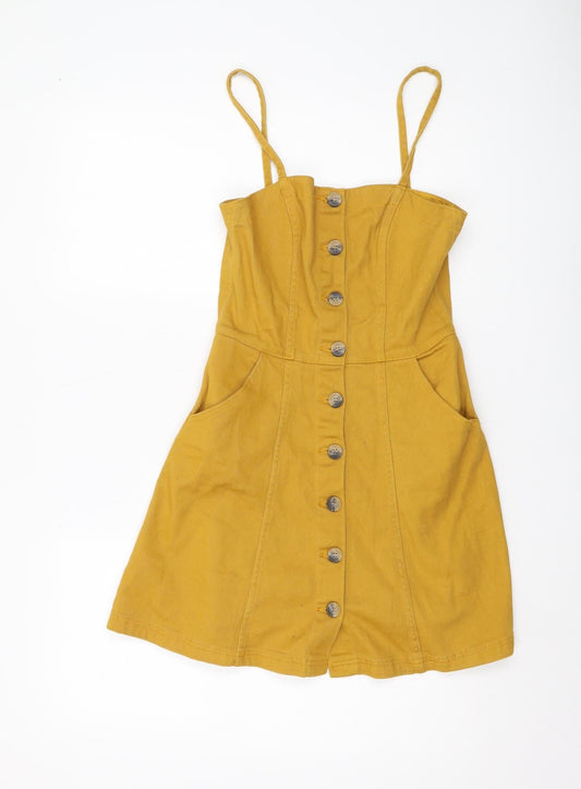 H&M Women's Yellow Mini Pinafore Dress - Size 8 Casual
