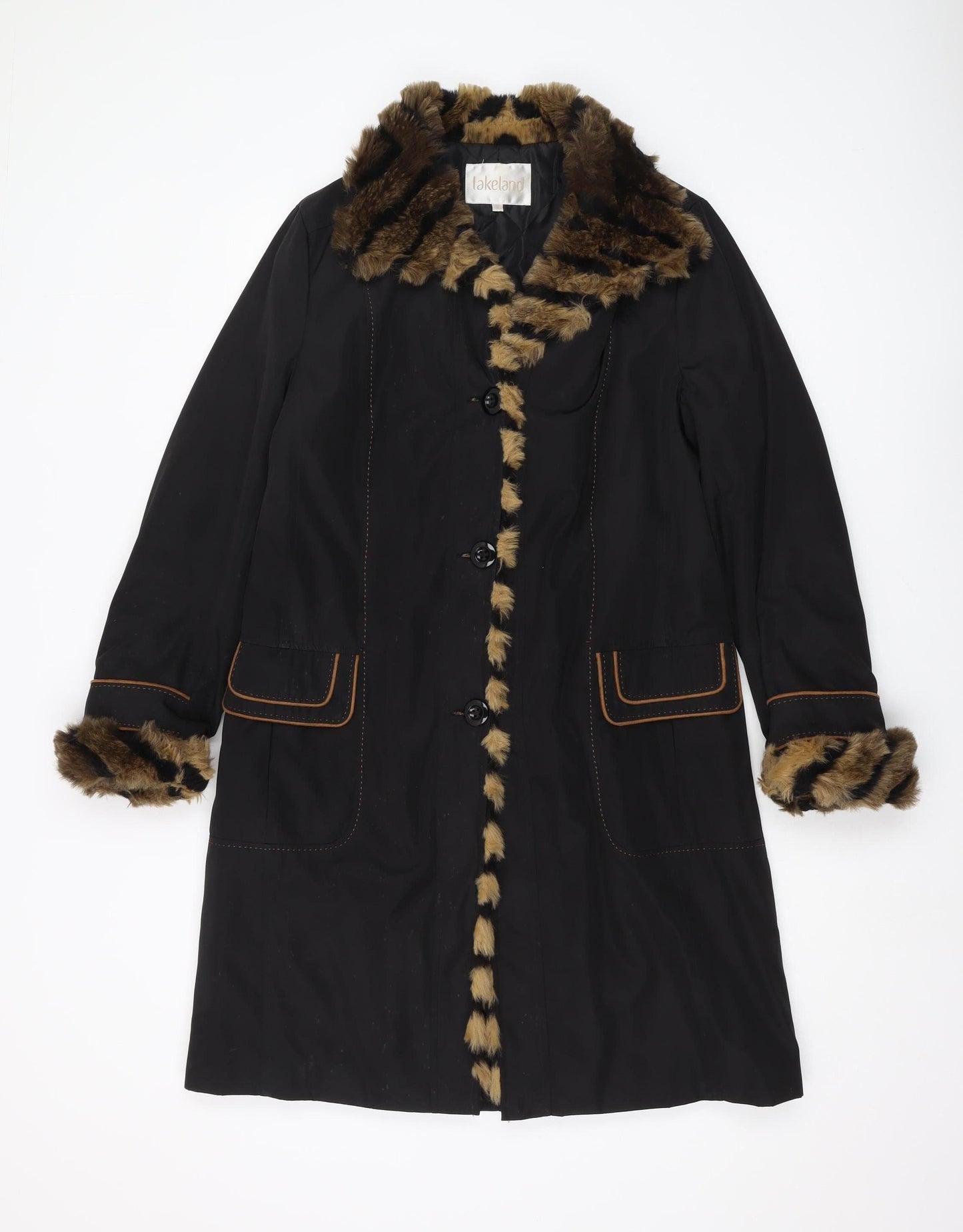 Lakeland Women's Black Fur Trim Overcoat Size 12