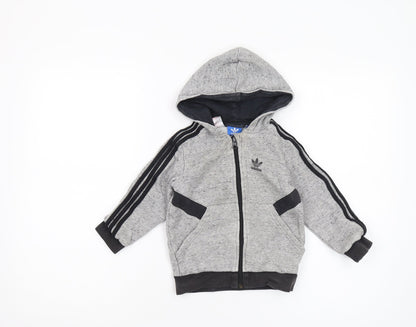 Adidas Boys Grey Full Zip Hoodie 3-4 Years with Logo Accents