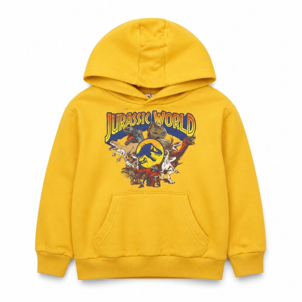 Front view of Jurassic World boys’ yellow pullover hoodie 3-4 years