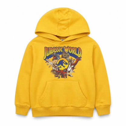 Front view of Jurassic World boys’ yellow pullover hoodie 3-4 years