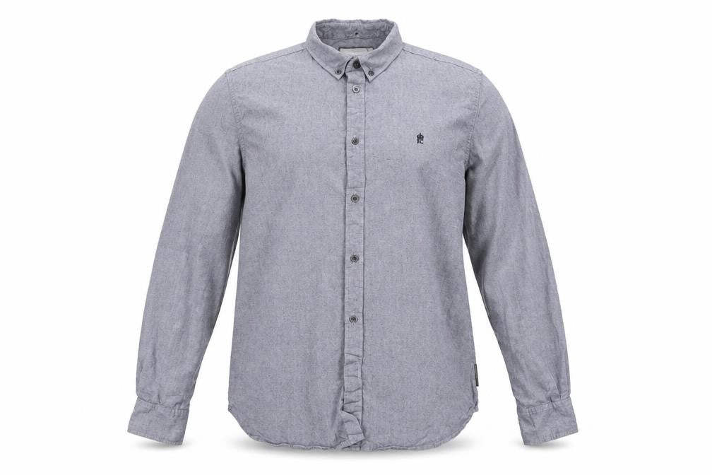 Front view of French Connection Men's Grey Long Sleeve Button-Up Shirt