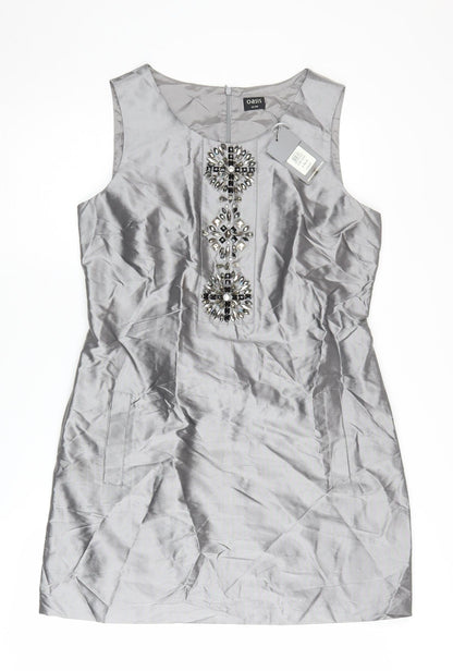 Oasis Women Grey Beaded Sheath Dress Size 14