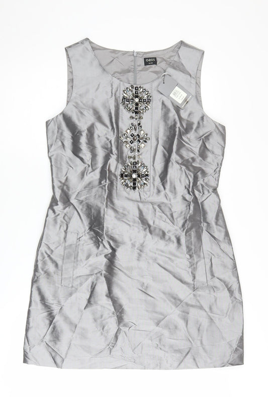 Oasis Women Grey Beaded Sheath Dress Size 14