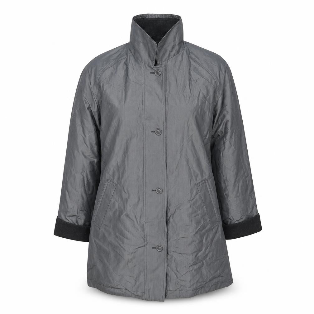 Front view of Under Wraps unisex black jacket, wool blend, mid-length