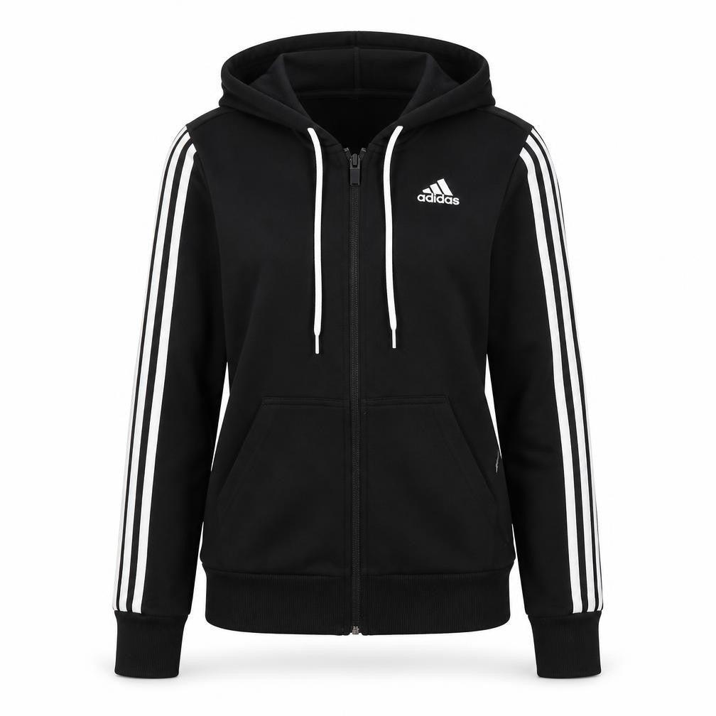 Front view of Adidas unisex black full zip hoodie 2xs