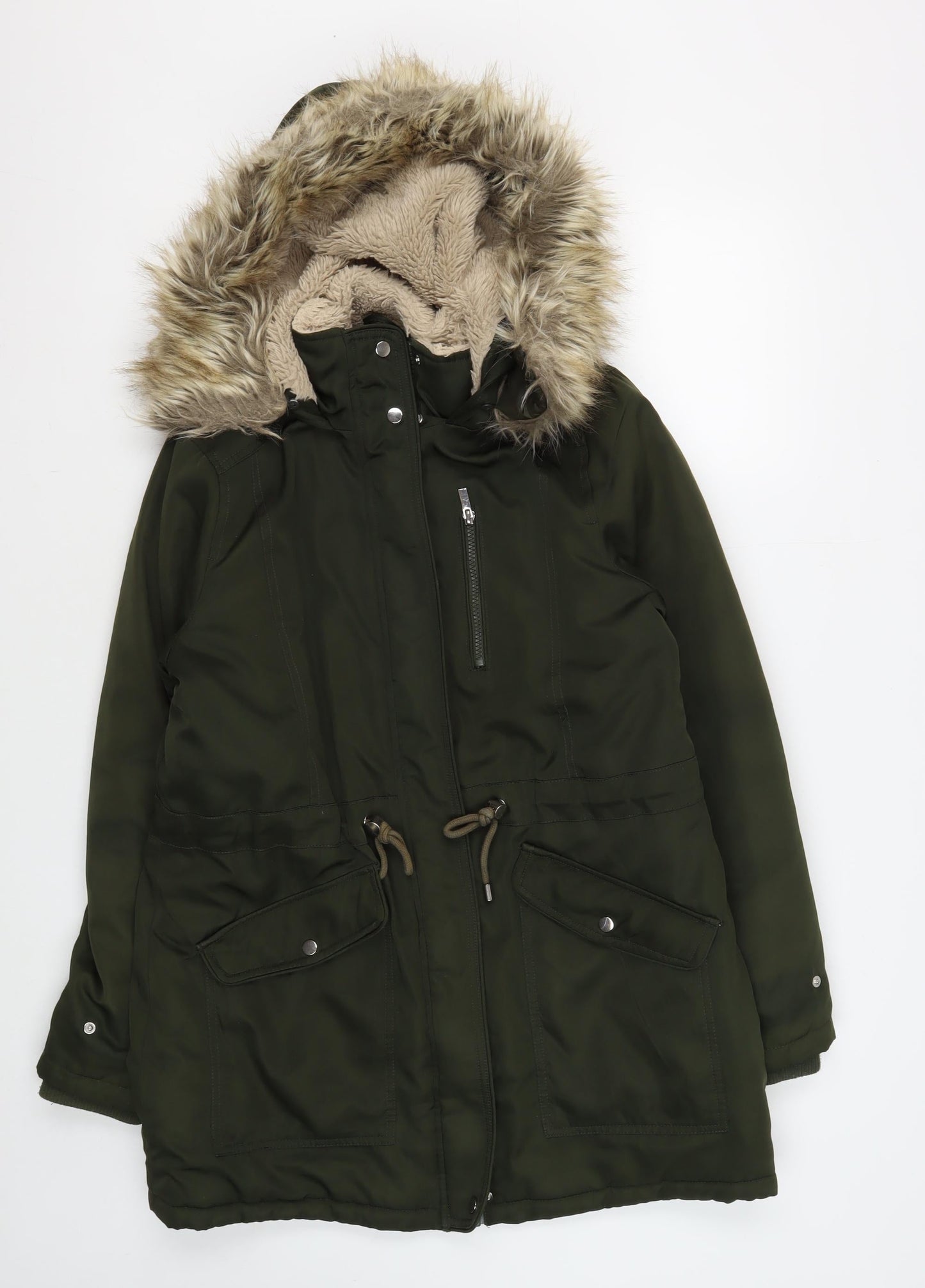 New Look Women’s Green Fur Trim Parka Jacket Size 10