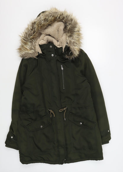 New Look Women’s Green Fur Trim Parka Jacket Size 10