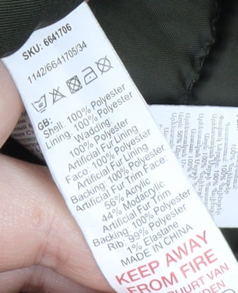 New Look Women’s Green Fur Trim Parka Jacket Size 10