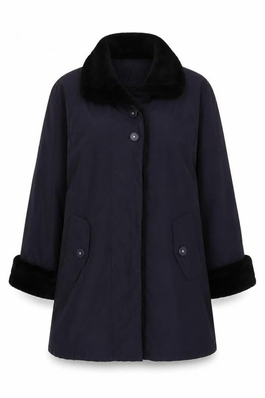 Front view of Nuage Women's Black Overcoat, size 12, with Fur Trim
