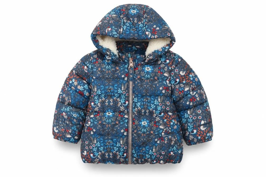 Front view of Next unisex baby blue floral puffer jacket 3-6 months