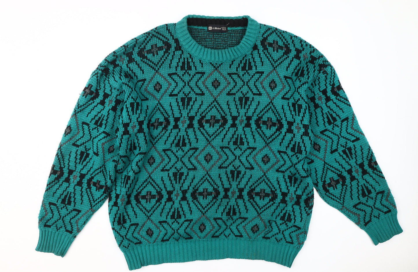 St Michael Men's Green Geometric Pullover Jumper, L