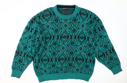 St Michael Men's Green Geometric Pullover Jumper, L