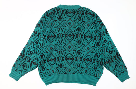 St Michael Men's Green Geometric Pullover Jumper, L