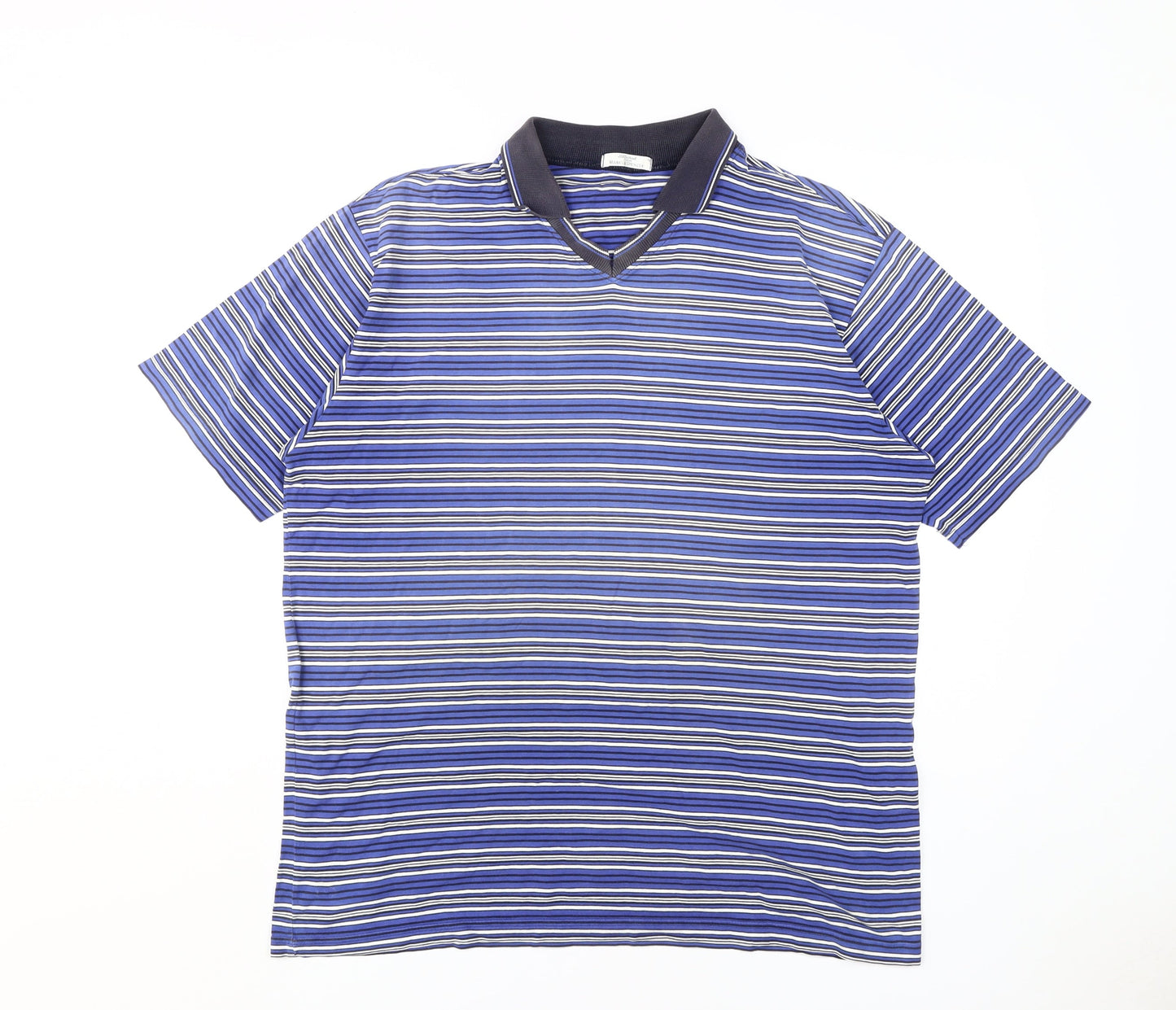 Marks and Spencer Men's Blue Striped Collared T-Shirt XL