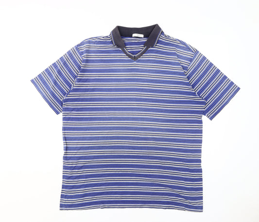 Marks and Spencer Men's Blue Striped Collared T-Shirt XL