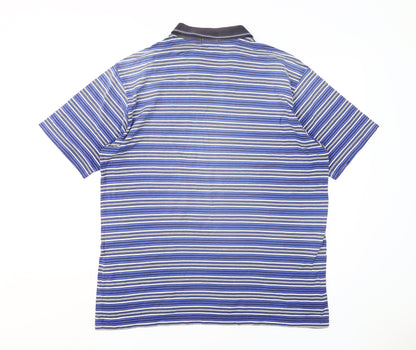 Marks and Spencer Men's Blue Striped Collared T-Shirt XL