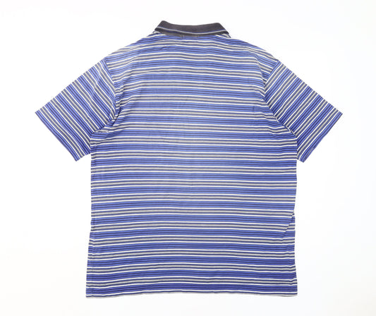 Marks and Spencer Men's Blue Striped Collared T-Shirt XL