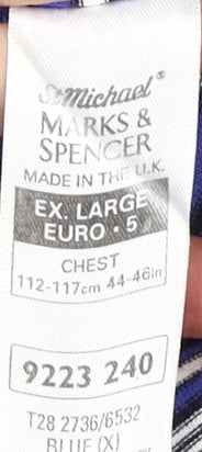 Marks and Spencer Men's Blue Striped Collared T-Shirt XL