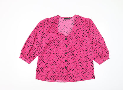 Dunnes Women's Pink Polka Dot V-Neck Blouse Size M