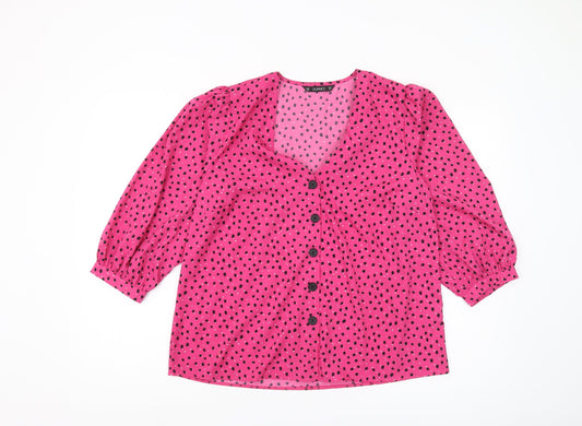 Dunnes Women's Pink Polka Dot V-Neck Blouse Size M