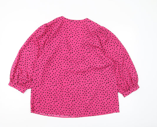 Dunnes Women's Pink Polka Dot V-Neck Blouse Size M