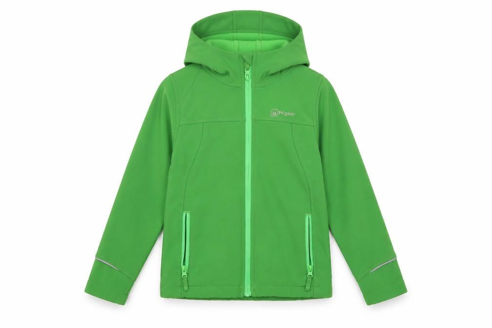 Front view of Hi Gear boys’ green softshell jacket 7-8 years