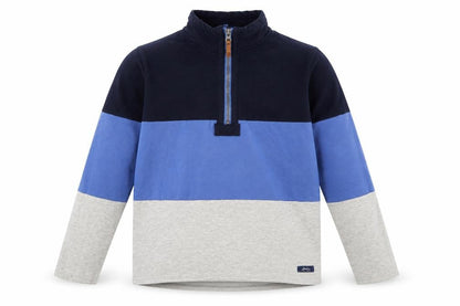 Front view of Joules boys’ blue & grey 1/4 zip sweatshirt, size 11-12, years
