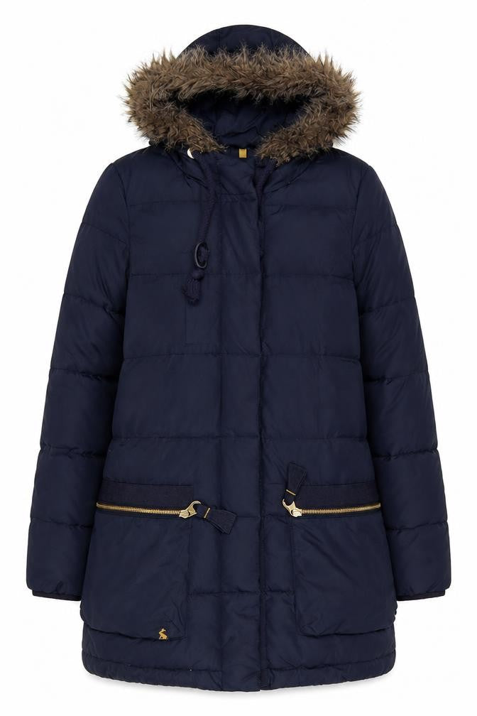 Front view of Tom Joule Women's Blue Puffer Jacket, size 8, Hooded