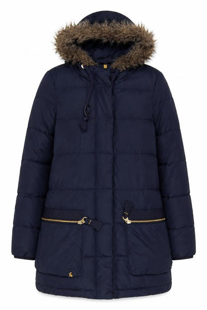 Front view of Tom Joule Women's Blue Puffer Jacket, size 8, Hooded