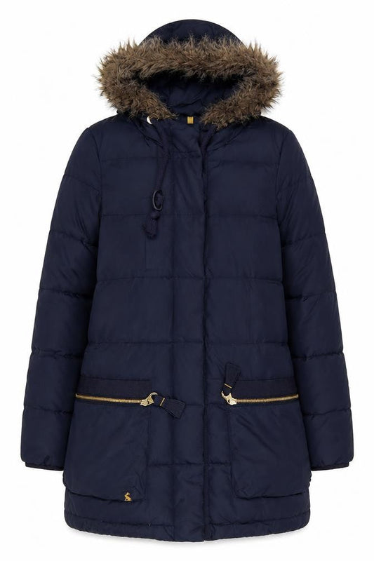 Front view of Tom Joule Women's Blue Puffer Jacket, size 8, Hooded