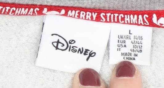 Brand and care label for Disney Grey Pullover Sweatshirt, size L, Christmas Theme